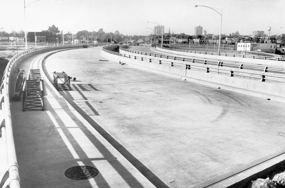 A bridge that was part of a Belvidere Street extension project near Chamberlayne Avenue in Richmond neared completion, 1958.