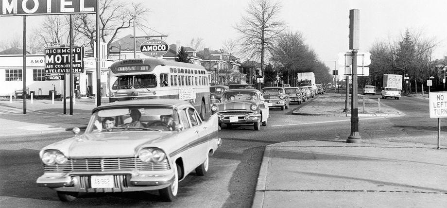 A line of vehicles moved along Chamberlayne Avenue at Lombardy Street on Richmond’s North Side, 1958.