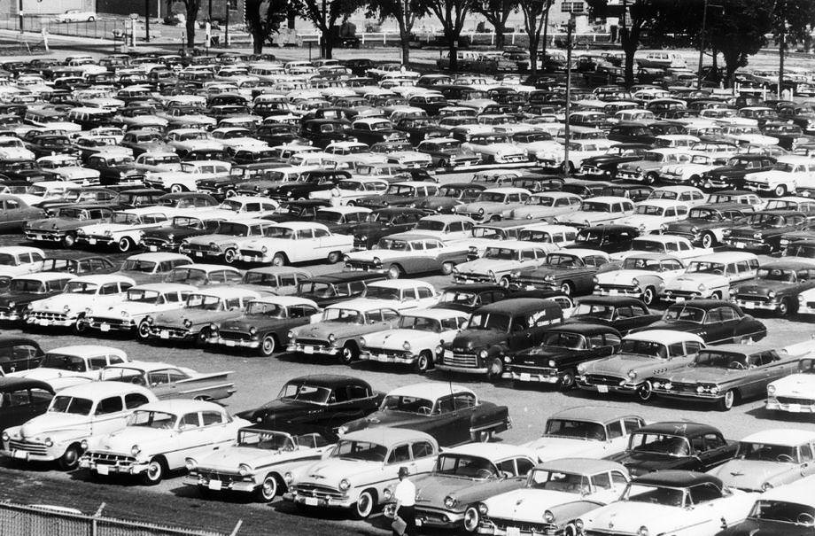 Cars filled the parking lot at Parker Field as about 6,500 people watched the Richmond Virginians split a double-header with the Buffalo Bisons and retain the lead of the International League, 1959.