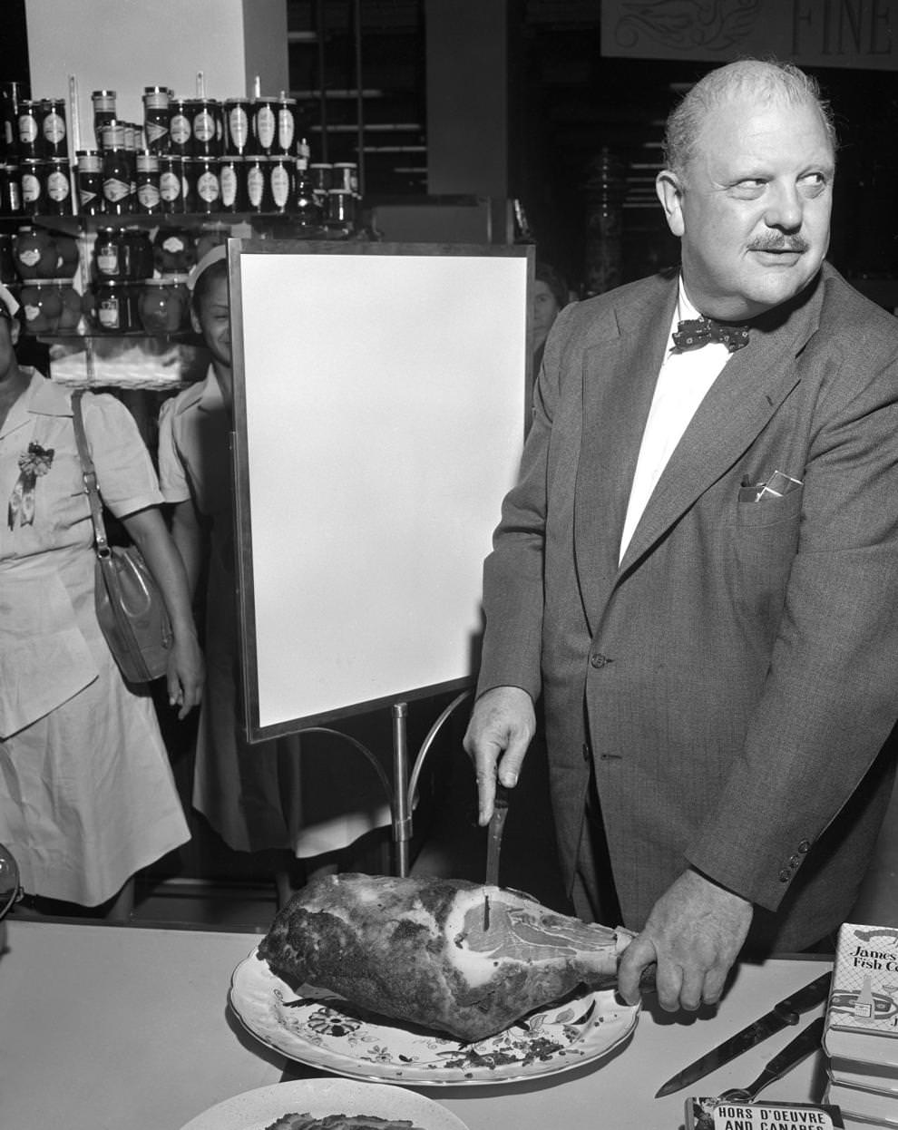 Famed chef James Beard visited Thalhimer's new fine foods shop and conducted cooking demonstrations, 1955.