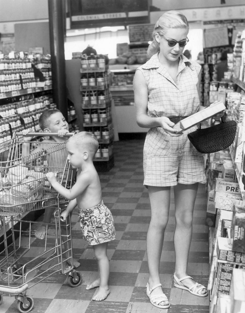 Richmond homemaker G.F. Sutliff sported casual attire while shopping at a neighborhood market, 1953.