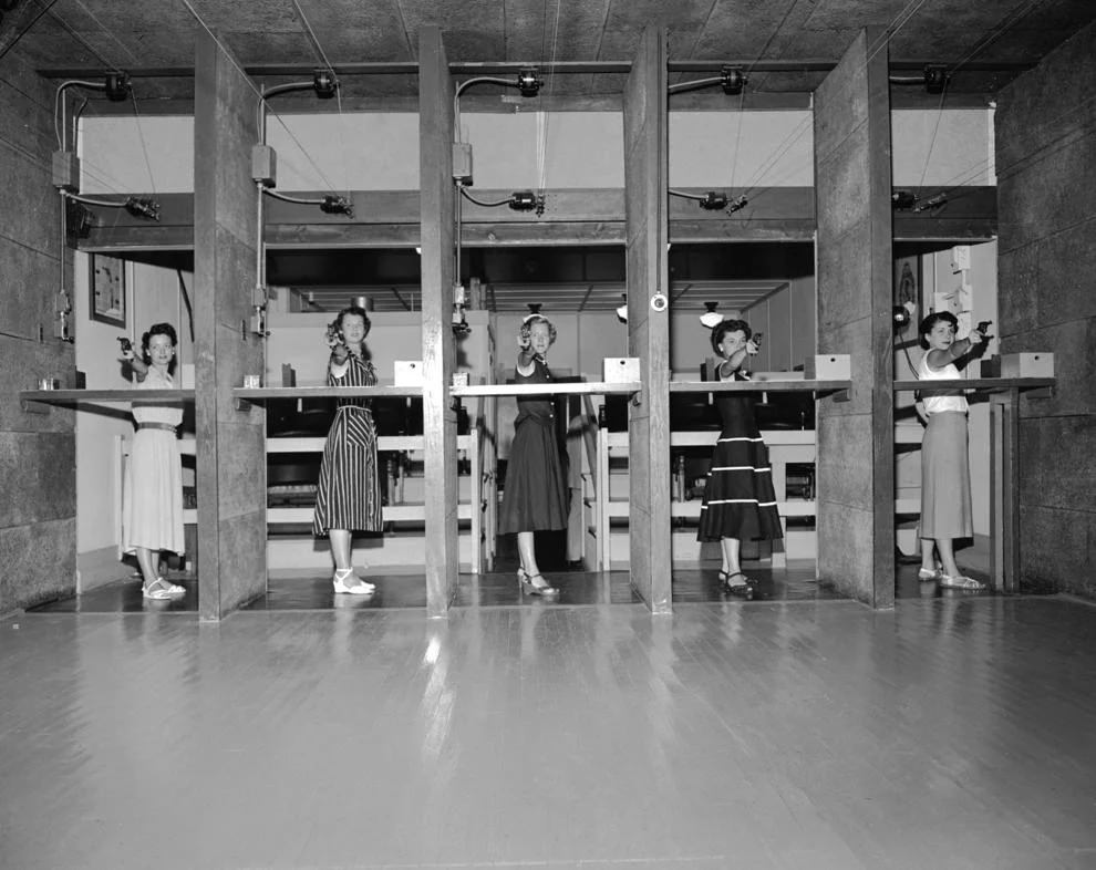 On the police range at the mosque are policewomen Martha Jackson (left), Thelma Wilkinson, Dorothy Tyler, Mary Berry, and Virginia Galyano. Note to LB: From the RVA News website: Since taking over ownership, the city has used the mosque in several ways, 1950s.