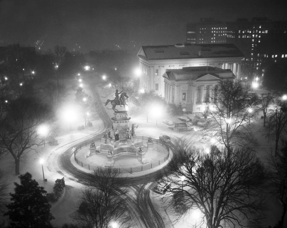 The Richmond area received about 7 inches of snow, creating a memorable nighttime image of the George Washington equestrian statue at Capitol Square downtown, 1958.