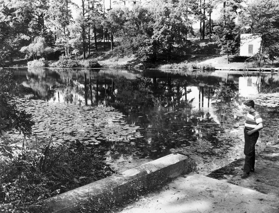 In September 1951, a boy fished at the dam of Lakeside Lake in Henrico County, 1950.