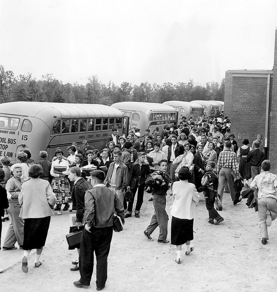 Students crowded into the new Douglas S. Freeman High School in Henrico County, 1954.