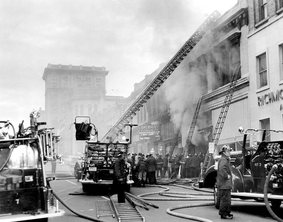 About 100 firefighters needed four hours to control a blaze in the 700 block of East Main Street in downtown Richmond, 1957.