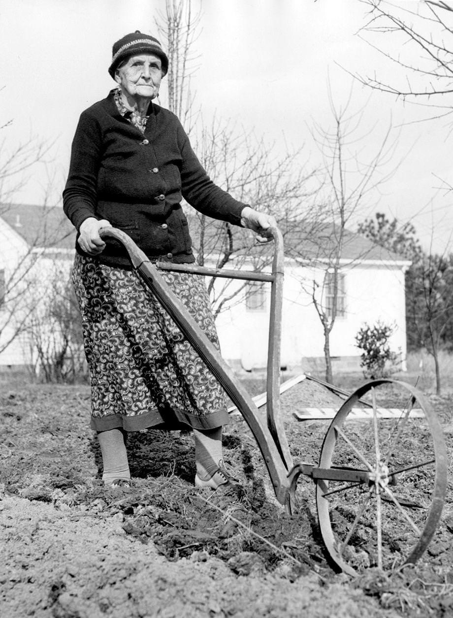 Mrs. V.C. Wiltshire, 85, prepared for spring planting at her home on Patterson Avenue in Richmond, 1952.