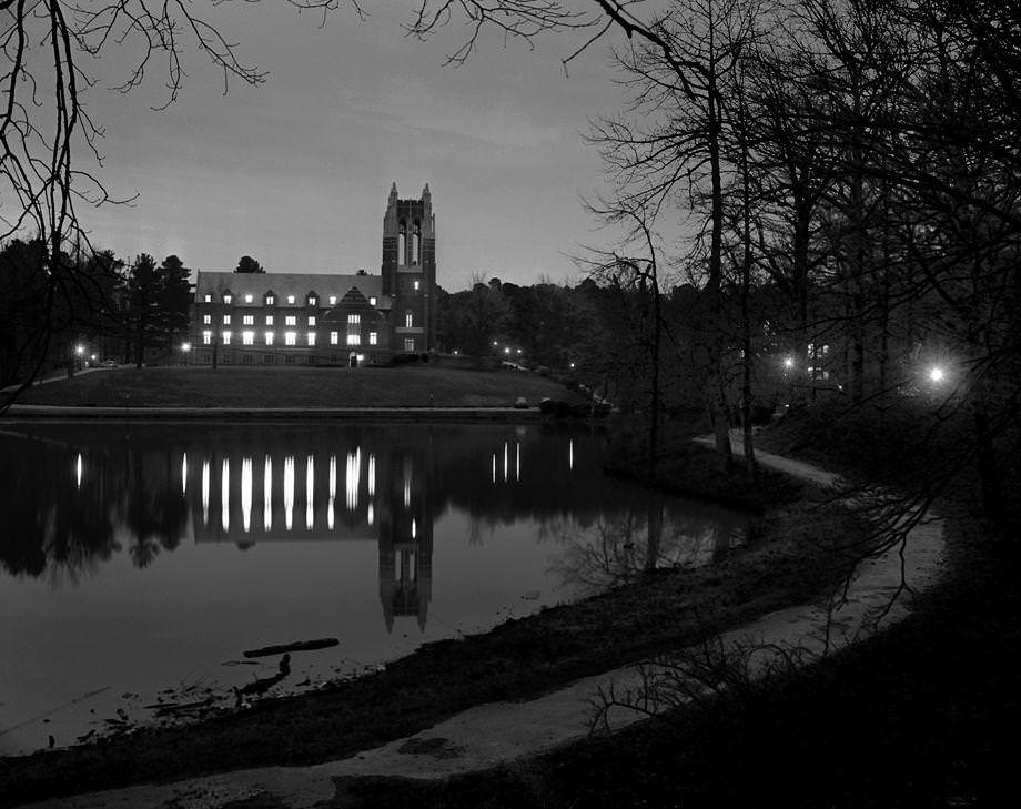 The University of Richmond's Boatwright Memorial Library created a vivid reflection in Westhampton Lake, 1957.