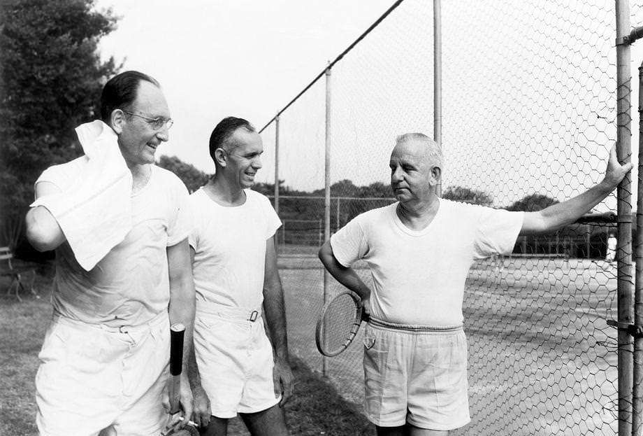 Tennis players (from left) Cliff Miller, Al Dickinson and Bob Figg Sr. discussed the Country Club of Virginia’s annual tennis competition, which began the day before, 1953.