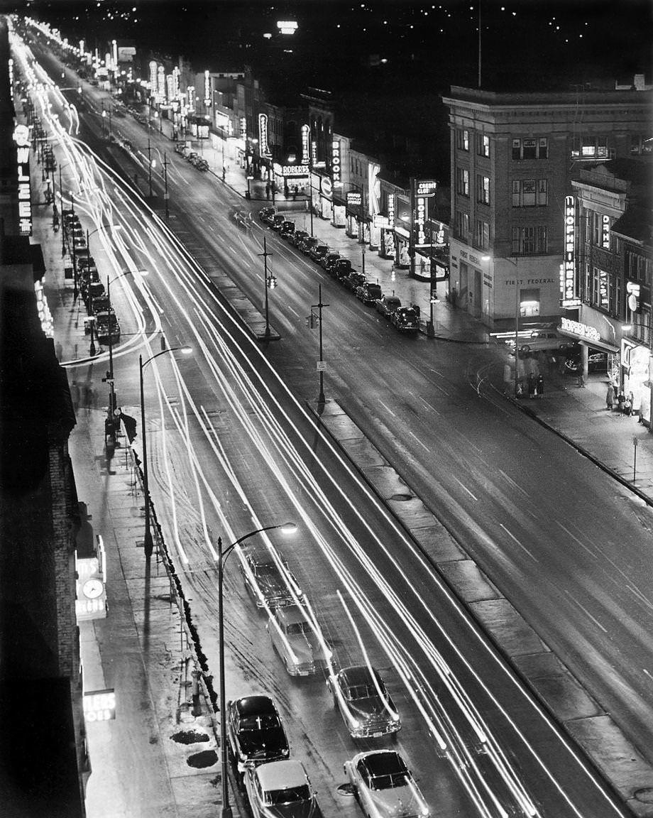 East Broad Street in downtown Richmond at night, 1952.