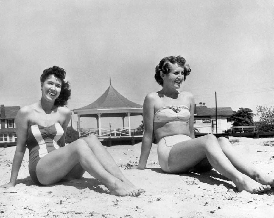 Two women enjoyed the white sand beach of Cape Charles on Virginia’s Eastern Shore, 1951.