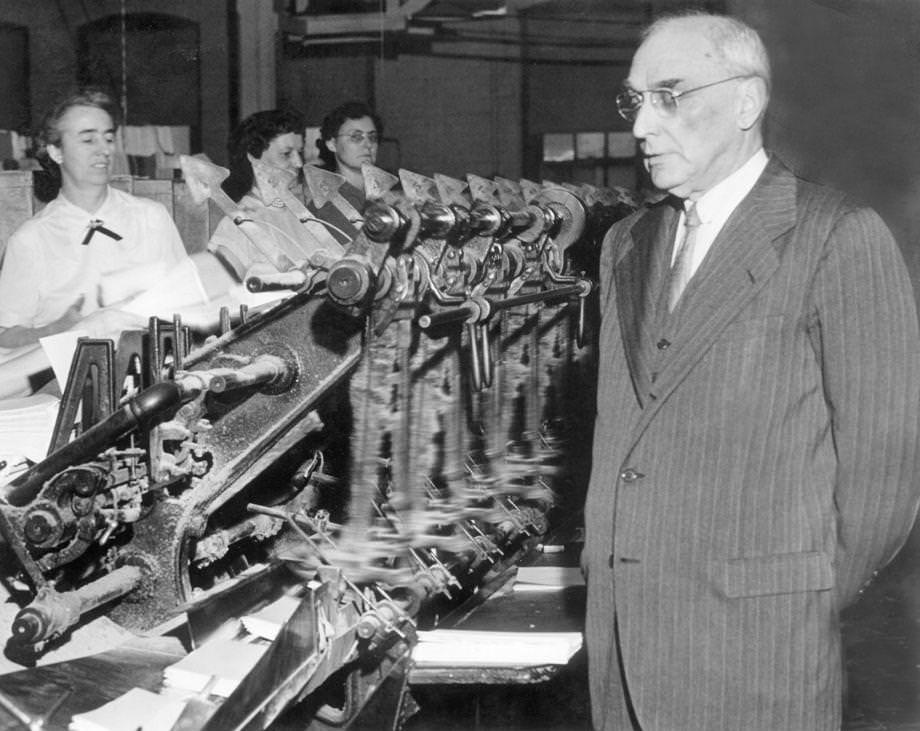 L. Howard Jenkins, head of a Richmond book manufacturer that bore his name, supervised workers at his plant on West Broad Street, 1953.