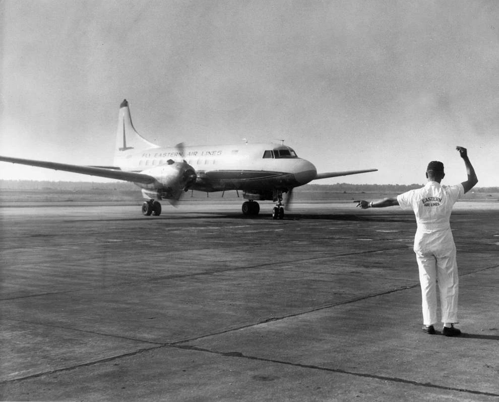 Vernon Giles directed an Eastern Air Lines plane at Byrd Field (now Richmond International Airport) in Henrico County, 1962.