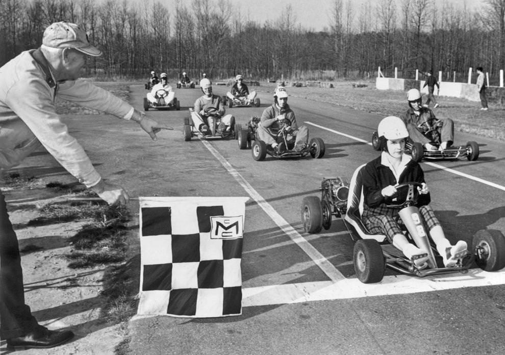Mrs. Derwood Johnson, the only female member of the Tri-City Go-Kart Club based in Hanover County, finished first in a club race, 1961