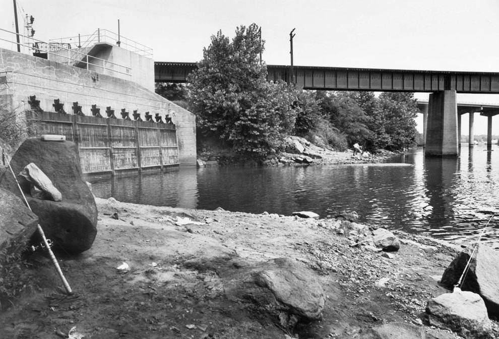 The Shockoe interceptor gates along the James River opened after torrential rains in Richmond, 1965.