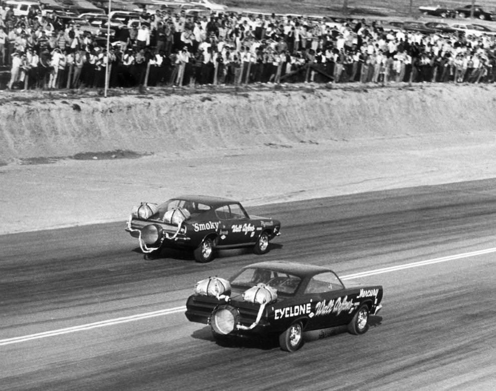 Jet cars approached 200 mph as they sped down the track at the Richmond Dragway in Sandston, 1967.