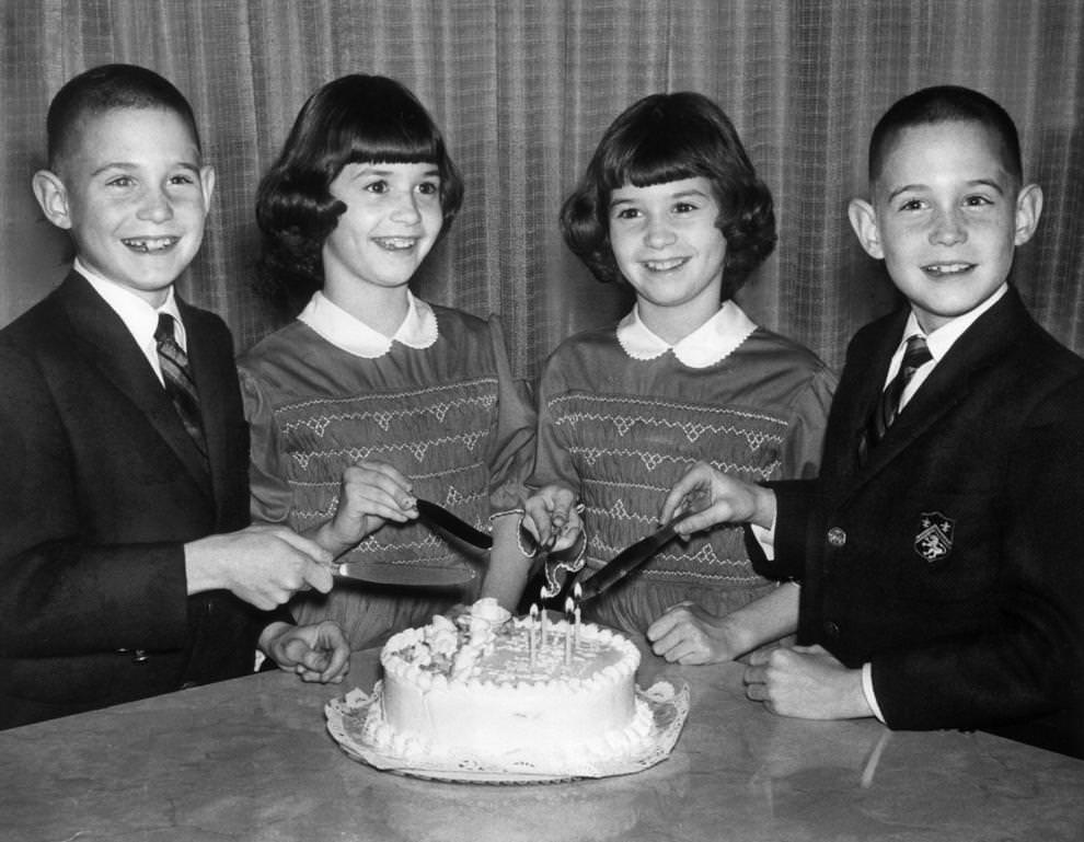 The Nace quadruplets of Henrico County – Richard (from left), Judith, Patricia and Edward – celebrated their 10th birthday by enjoying cake, 1961.