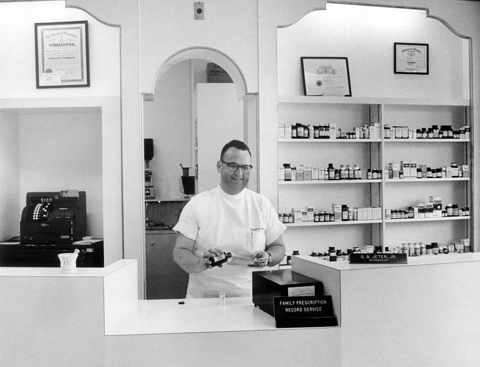 Pharmacist Samuel B. Jeter Jr. prepared some test prescriptions in the Thalhimers department store in downtown Richmond, 1965.