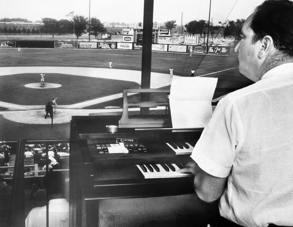 Bob Powell played the new organ at Parker Field ahead of the Richmond Braves game against Rochester, 1966. Powell, who died in 1982, was the organist for the R-Braves until 1971.