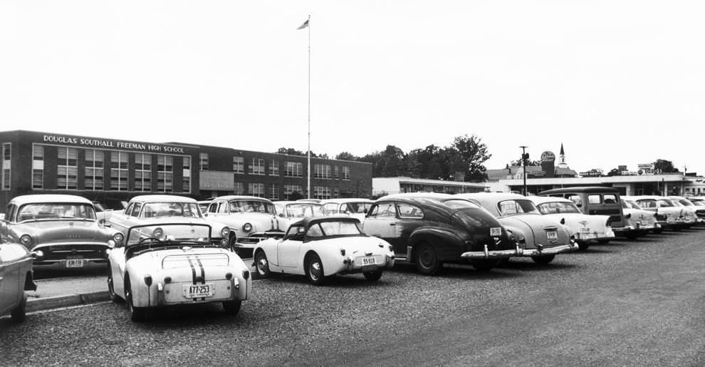 Cars – most of them belong to students – were parked in the lot at Douglass Freeman High School in Henrico County, 1961.