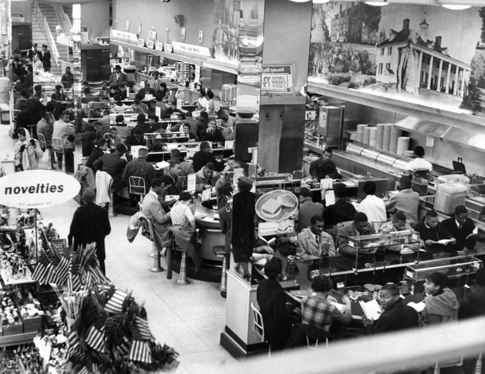 About 200 students from Virginia Union University staged sit-in protests around Richmond at a half-dozen lunch counters where black customers were not served, 1960.