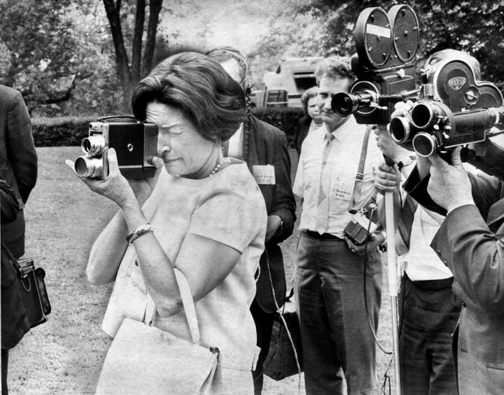 Lady Bird Johnson played tourist with a movie camera during a trip to Monticello near Charlottesville, 1965.