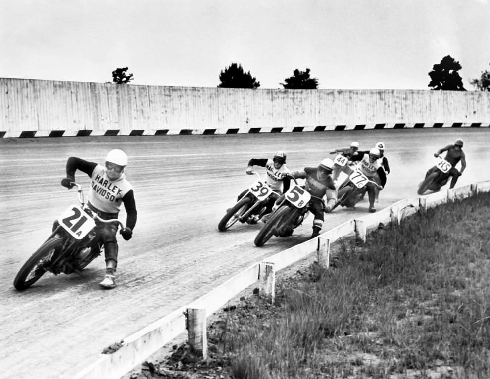 Motorcyclists raced in the 10-Mile National Motorcycle Championship at the Atlantic Rural Exposition grounds in Henrico County, 1960.