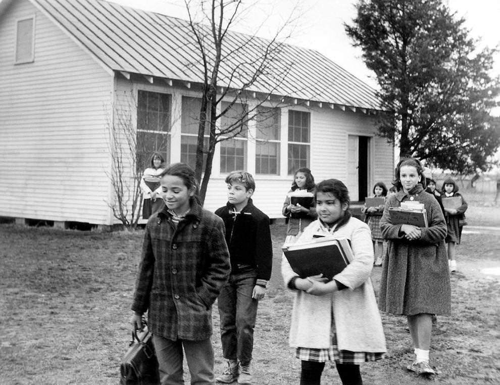 Native American children left the two-room state-funded school on the Mattaponi Reservation in King William County, 1964.