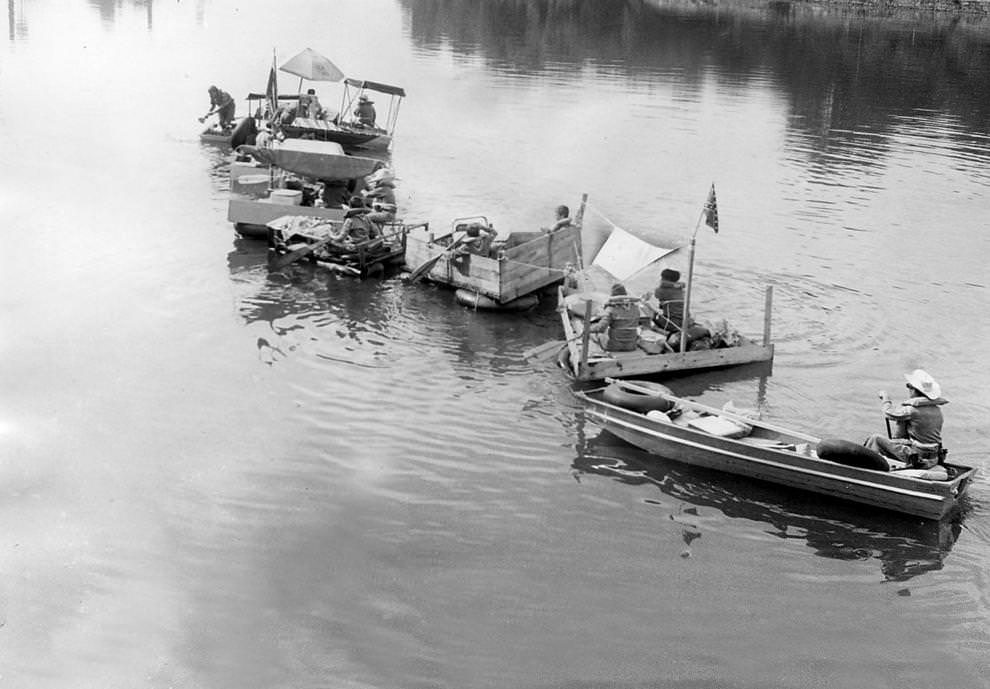 Boy Scouts from Troop 644, sponsored by the Henry Fire Department in Mechanicsville, began a 58-mile James River voyage from Richmond to Jamestown aboard homemade rafts, 1966.