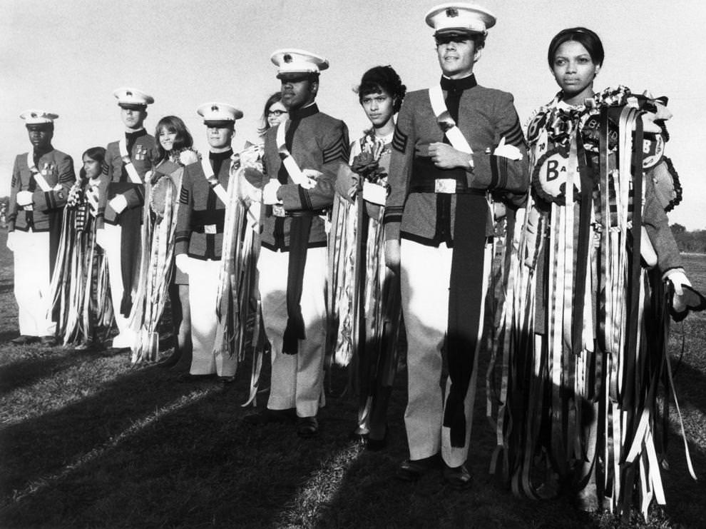 Cadets at John Marshall High School in Richmond posed with their ribbon-bedecked sponsors after an awards ceremony, 1969.
