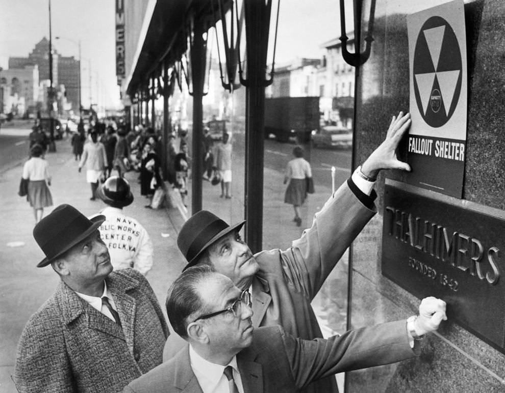 A new sign designated the Thalhimers department store in downtown Richmond as a fallout shelter, 1962.
