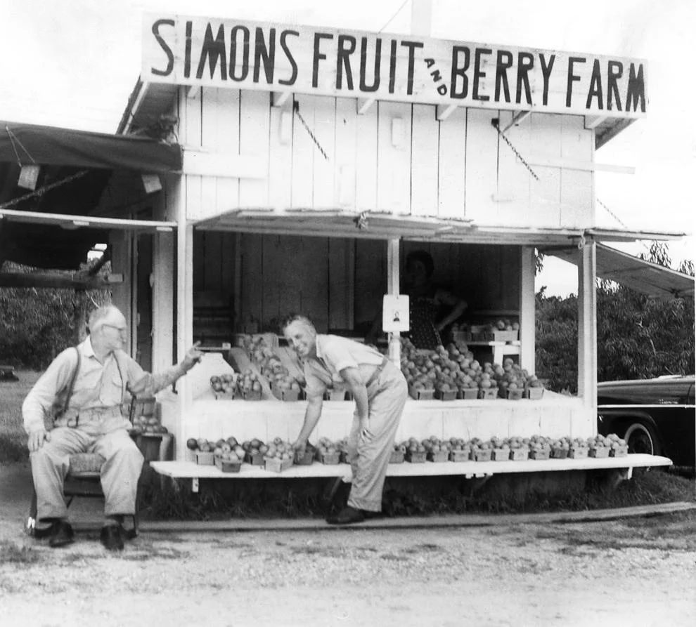 J.R. Simons (left) discussed the peach crop with Robbie Atkinson. Simons was 77, and his roadside fruit stand in King William County had been on U.S. 360 for more than 25 years; it was one of the first such markets between Tappahannock and Richmond, 1961.
