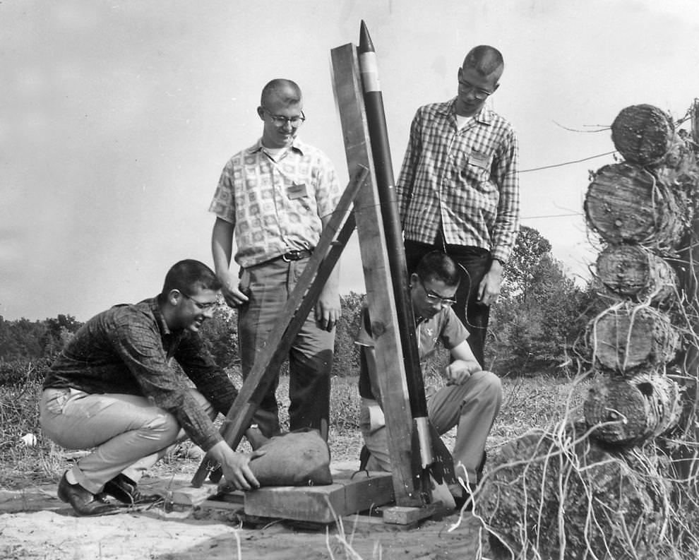 Members of the Richmond Rocket Society participated in the amateur rocket shoot at Camp Pickett near Blackstone in Nottoway County, 1962.
