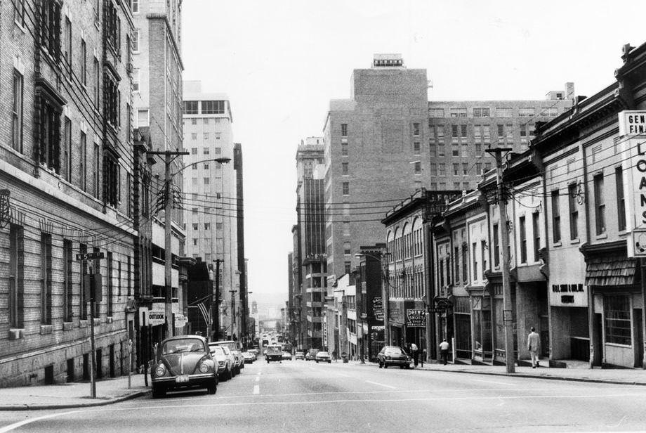 The view along Main Street in downtown Richmond from the intersection with Fifth Street, 1975.
