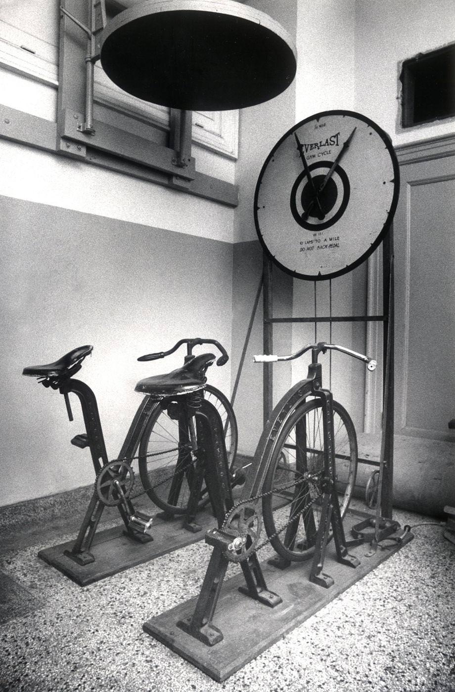 Stationary bicycles, once part of the original equipment at the Mosque (now the Altria Theater) and still in the gymnasium that was then being used by Richmond police, 1974.