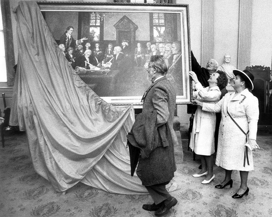 At the state Capitol, Virginia first lady Katherine Godwin (second front right) unveiled a painting of the Virginia Declaration of Rights, 1974.