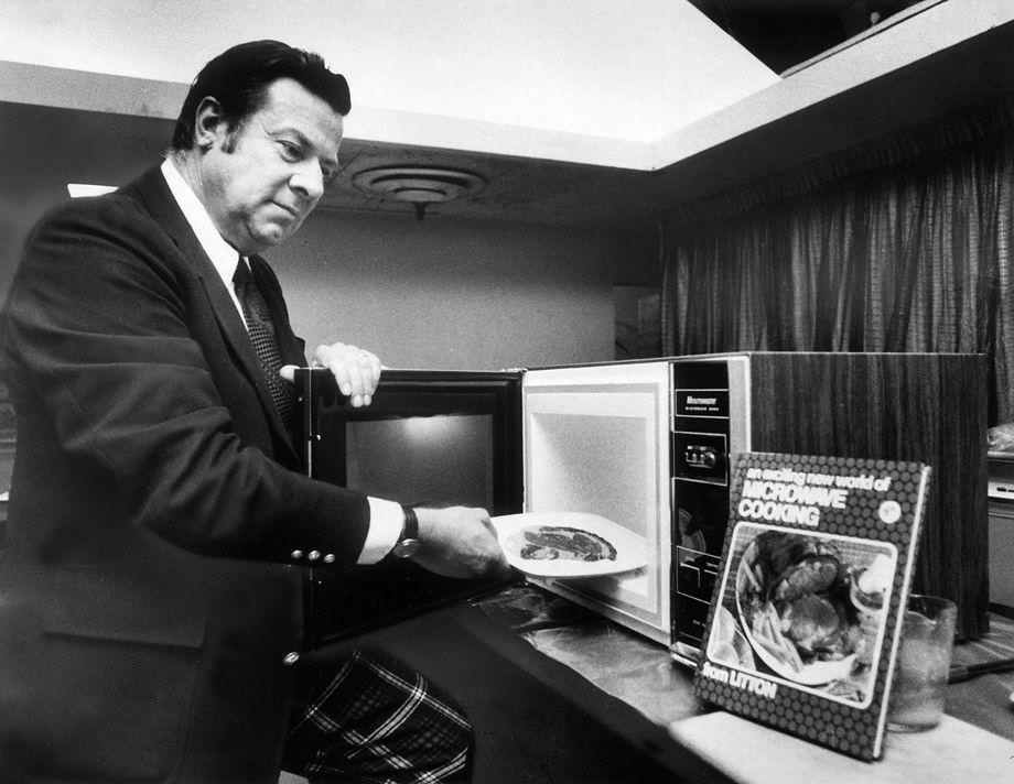 J.G. Adams, the Southern regional distributor manager for Litton Microwave Ranges, demonstrated microwave cooking and touted its benefits during a program at the Miller & Rhoads department store in downtown Richmond, 1974.