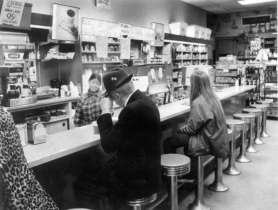 Pharmacy soda fountains were continuing to disappear, 1974.