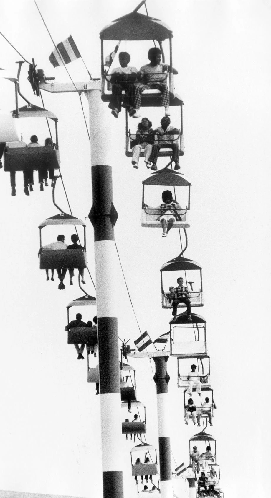 Patrons at the Virginia State Fair took in the view from the sky glider ride on the midway, 1974.