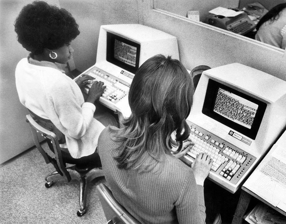 Regina Randal (left) and Marsha English processed wire service copy that had been marked up by editors in The Times-Dispatch newsroom, 1973.