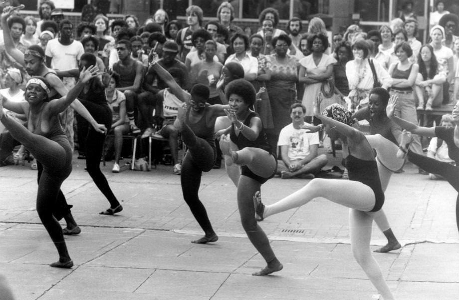 The Ezibu Muntu dancers performed at Shafer Court at Virginia Commonwealth University in Richmond as part of the annual Spring Fling celebration weekend, 1977.