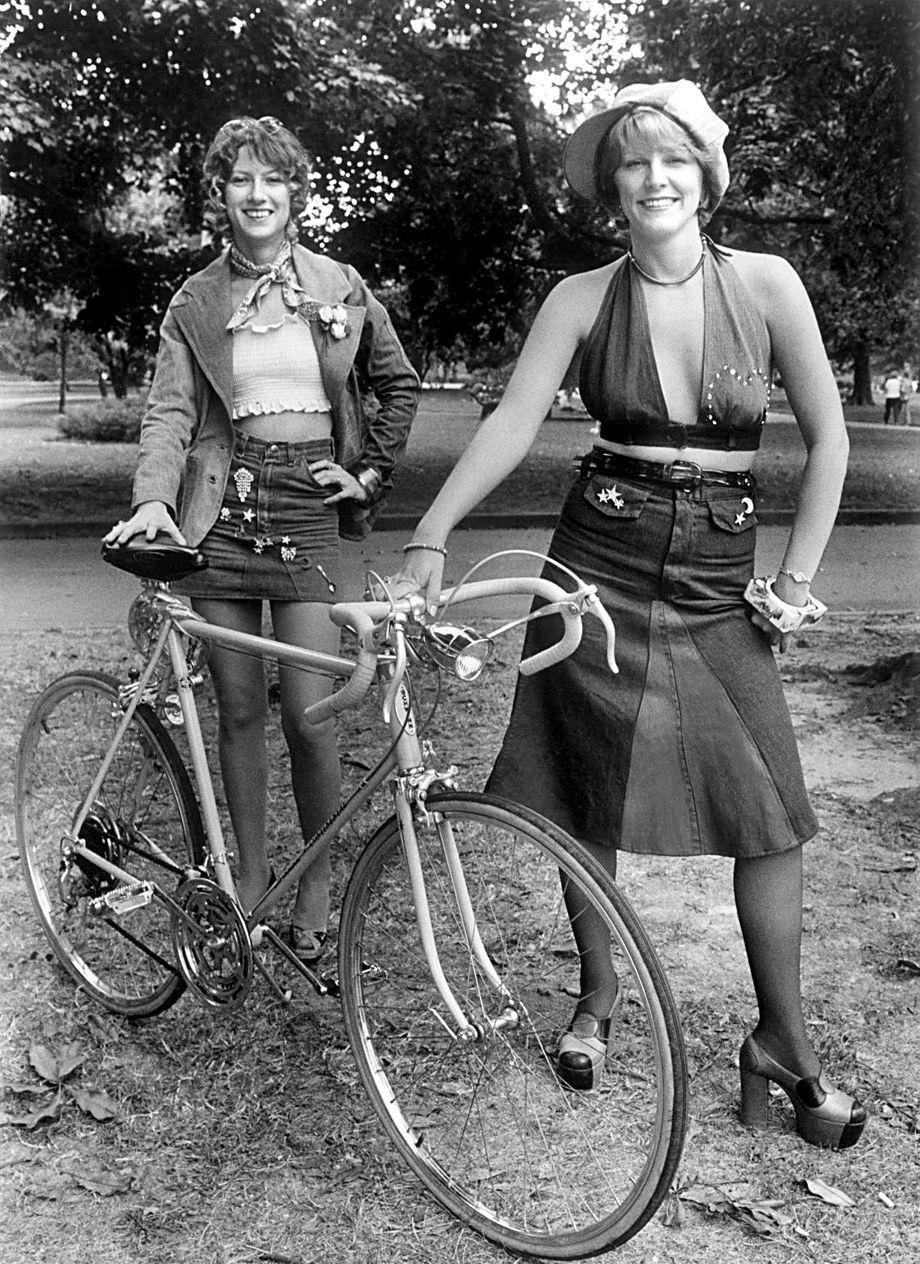 Two Richmond women modeled fashions they had created from their own recycled blue jeans, 1973.