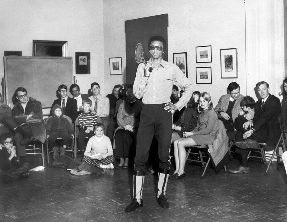 Richmond native and tennis star Arthur Ashe conducted a clinic at the Valentine Museum in Richmond, 1971.