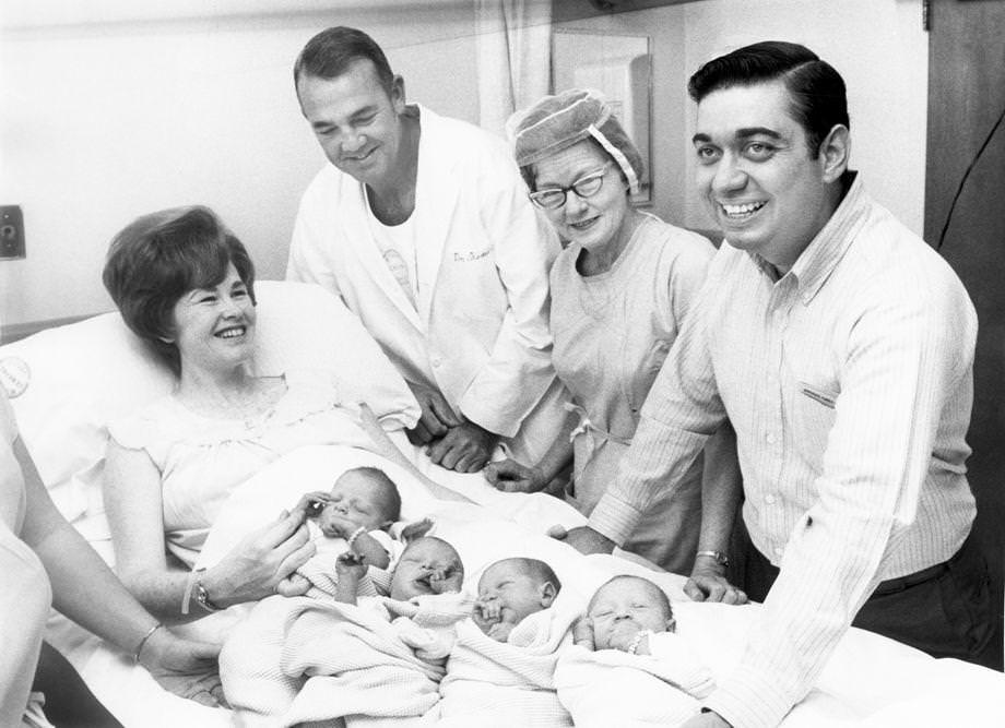 Mr. and Mrs. Ronald Peterson of Dinwiddie County welcomed quadruplets at Petersburg General Hospital, 1971.