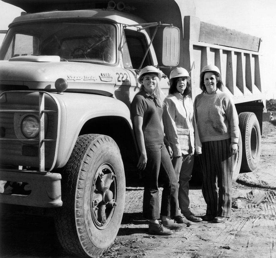 Truck drivers Brenda D. Howell (from left), Sue Frye and Marion Brennan stood at a highway construction site where they worked in Gloucester County, 1971.