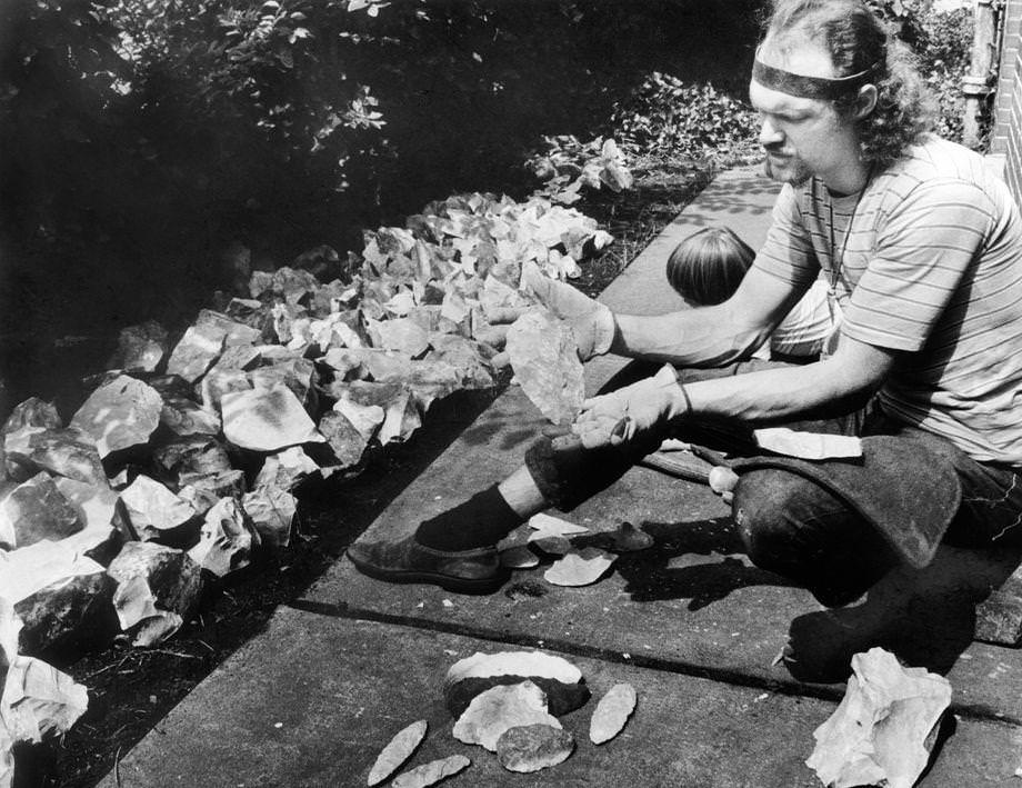 Errett Callahan examined a piece of stone ahead of an experimental archaeology class that he was teaching in the Evening College of Virginia Commonwealth University in Richmond, 1971.