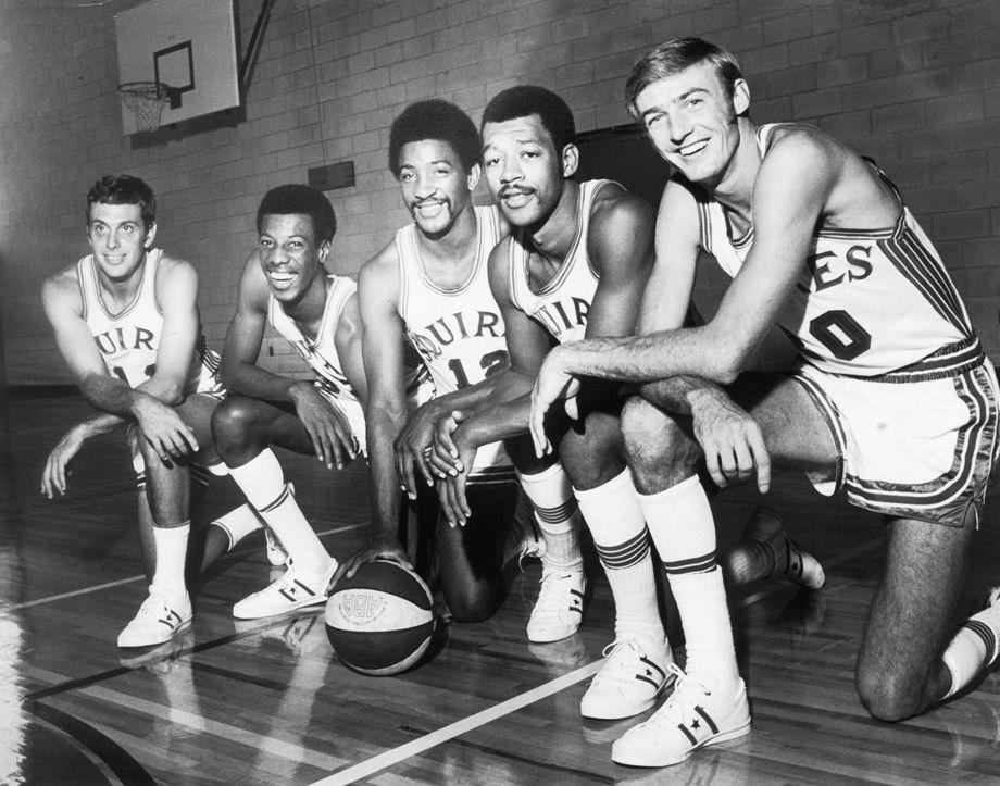 Players who vied for roster spots on the Virginia Squires (from left): Larry Brown, Charlie Scott, Henry Logan, Roland “Fatty” Taylor and Mike Barrett. Brown later won an NBA title as coach of the 2003-04 Detroit Pistons.