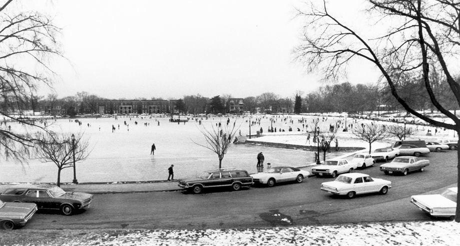Five straight days of below-freezing temperatures froze the lake at Byrd Park in Richmond and brought out the ice skaters, 1970.