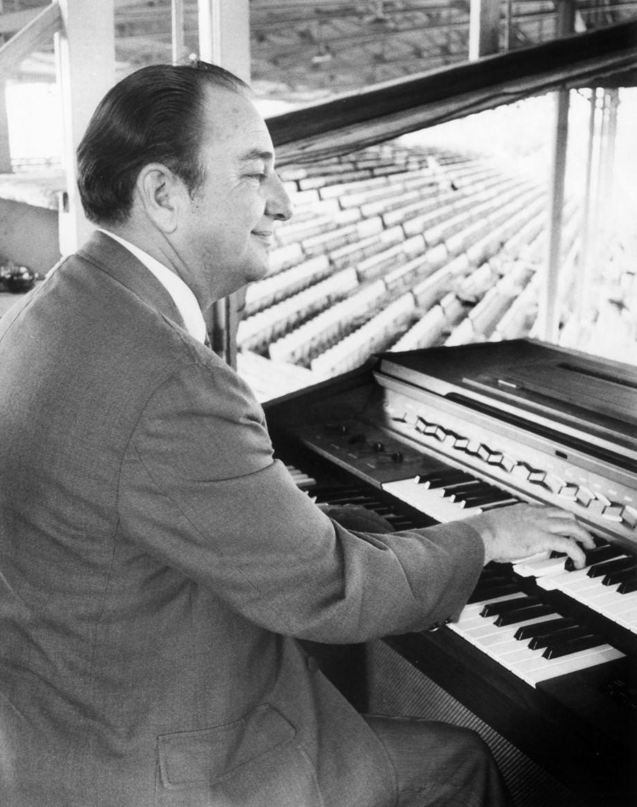 Bob Powell at his keyboard, high in the grandstand at Parker Field in Richmond, 1970.