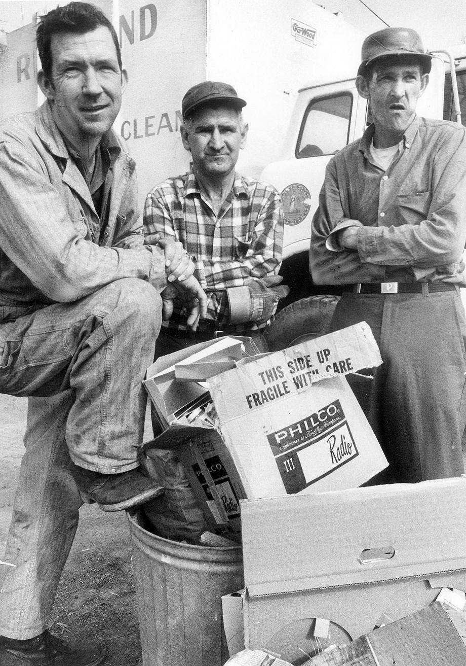 A Richmond sanitation crew paused at one of the roughly 600 stops they made each day, 1970.